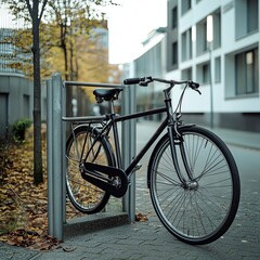 Bicycle secured on a parking in a city.