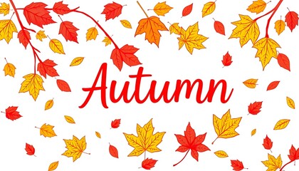 With the arrival of autumn, the fallen leaves begin to disperse. Autumn is written in the middle of the picture. pattern drawing.