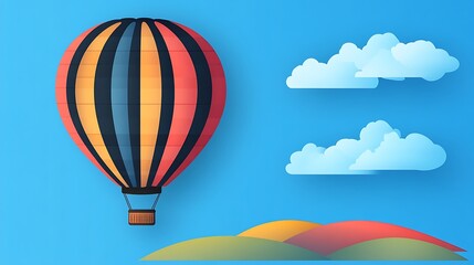 Fototapeta premium A Colorful Hot Air Balloon Soaring Over Green Hills and Fluffy White Clouds in a Blue Sky