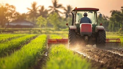 Obraz premium Tractor Plowing Green Field at Sunset in Countryside Landscape