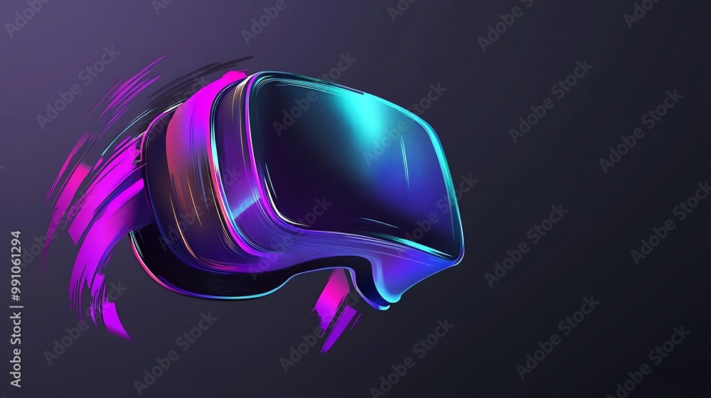 Poster A futuristic VR headset with neon lights and abstract strokes in the background.
