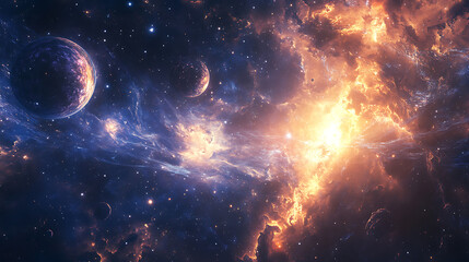 Fototapeta premium A cosmic horizon with celestial bodies and swirling energy fields blending into an endless expanse