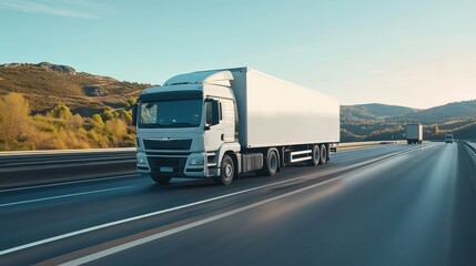 Obraz premium A white semi-truck with a blank trailer drives on a highway in a mountainous area with a clear blue sky.