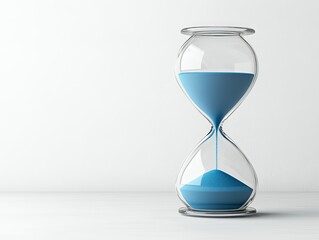Serene Blue Sand Hourglass on Minimalist White Background - Time Passing Concept for Productivity and Tranquility