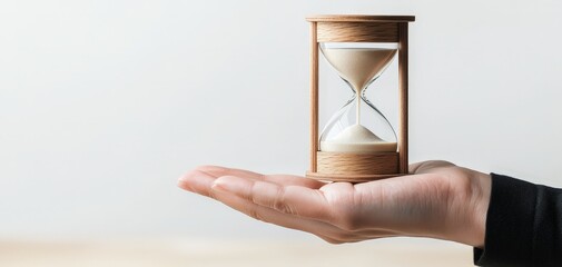 Serene Contemplation Elegant Glass Hourglass in Hand Against Soft Beige Backdrop