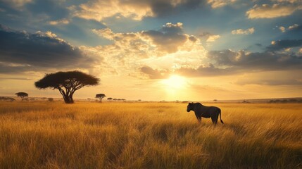 A lone lion walks through tall grass at sunset in the African savanna.