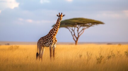 A lone giraffe stands in a field of tall grass with a single acacia tree in the background.