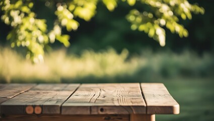 A wooden picnic table in a park surrounded by nature with trees and grass during a sunny day