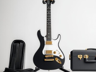 Fototapeta premium Sleek Black Electric Guitar with Gold Hardware on Minimalist White Background - Professional Music Gear for Performances and Studios