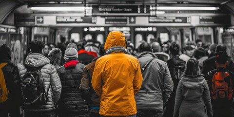 A black and white photo of a crowded subway station