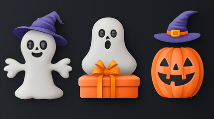 Obraz premium set of 3 Kawaii Halloween characters in 3d clay design, including a gift box in a Happy Halloween concept, cute adorable and festive, isolated on a dark background