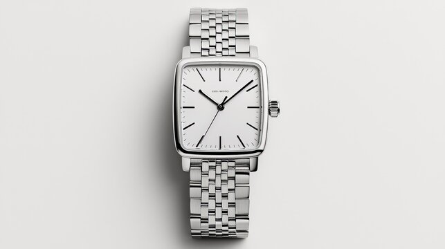 Sleek Silver Wristwatch Elegance - Minimalist Design Closeup on White Background Luxurious Timepiece Concept