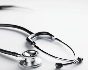 Sterile Precision Close-up of Shiny Chrome Stethoscope on Clean White Surface, Medical Instrument Detail, Healthcare Concept