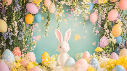 Easter-themed photo booth with props like bunny ears, egg hats, and spring flowers for a fun, backdrop