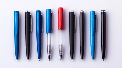 Symmetrical Array of Vibrant Pens on White Background - Orderly Stationery Collection for Office Supplies Marketing and Design Inspiration