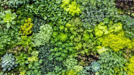 Various shades of green succulents and plants forming a lush, diverse pattern.