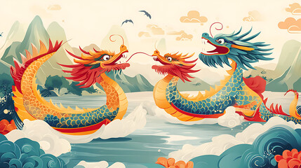 Obraz premium Dragon Boat Festival background with colourful dragon boats racing on a river
