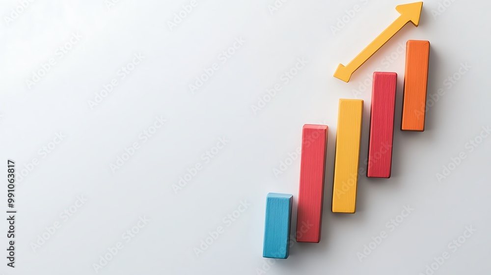 Poster colorful wooden blocks in an ascending line graph with an arrow pointing up.