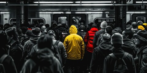 A black and white photo of a crowded subway station