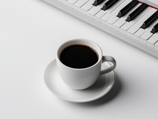 Tranquil Morning Harmony Serene Close-Up of White Coffee Cup on Piano, Minimalist Still Life with Soft Lighting for Elegant Home Decor or Coffee Brand Marketing
