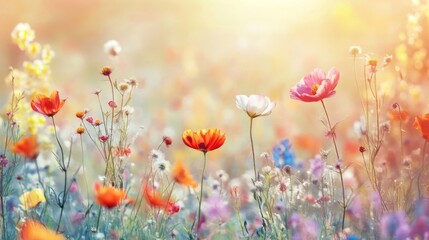 Obraz premium meadow flowers in early sunny fresh morning. Vintage autumn landscape background. colorful beautiful fall flowers magical