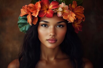 Stunning Portrait of a Native Hawaiian Woman with a Tropical Flower Crown Against a Dark Background.