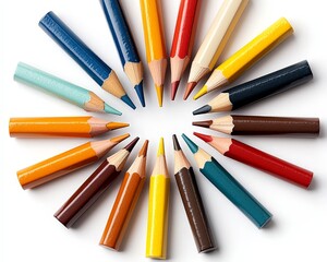 Naklejka premium Vibrant Colorful Pencils Circle on White Creative Harmony and Diversity for Art Supplies Marketing