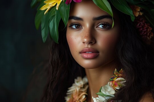 Fototapeta Beautiful Hawaiian Woman with Tropical Flowers and Leaves. Perfect for Print, Card, or Poster Design.
