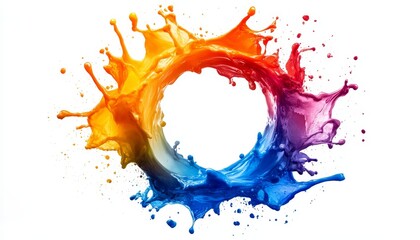 Vibrant Burst of Colorful Paint Splashes in Circular Formation on White Background - Abstract Liquid Art Design for Creative Projects