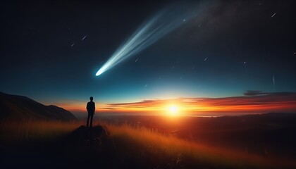 Fototapeta premium A man contemplates the vastness of the universe as a comet streaks across the night sky.