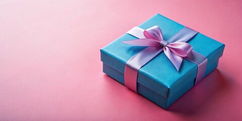 Blue gift box with ribbon on pink background close-up, gift, box, ribbon, pink, background, present, surprise