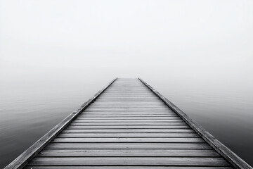 Obraz premium Wooden pier stretches into the fog above calm water evoking solitude and serenity in a minimalist setting.
