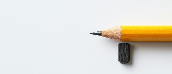 Vibrant Yellow Pencil and Black Eraser Closeup on White Surface - Minimalist Office Supplies Still Life with Textural Details and Dynamic Composition, Education and Creativity Concept