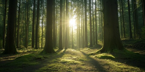 Scenic view of sunlight piercing through towering trees in a dense and lush green forest creating serene atmosphere.