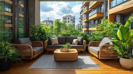 Obraz premium Modern Balcony with Wicker Furniture and City View