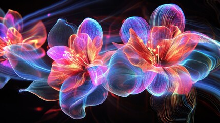 Obraz premium Two vibrant, neon-colored flowers with glowing petals on a black background.