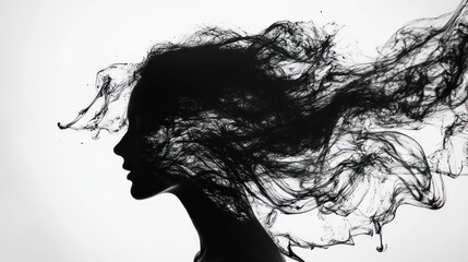 Silhouette of a woman's head and shoulders with flowing black ink behind her.
