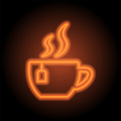 Cup of tea simple icon vector. Flat design. Orange neon on black background