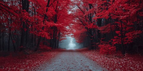 A path cuts through a vibrant, red-leafed forest creating an enchanting and almost abstract natural tunnel of foliage.