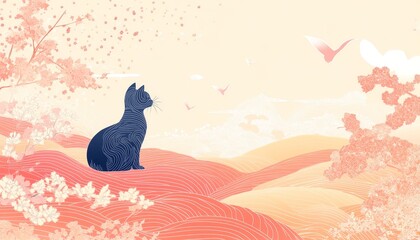 Whimsical Generative AI Illustration of a Cat Adventuring in Japanese Style World with Soft Pastel Colors