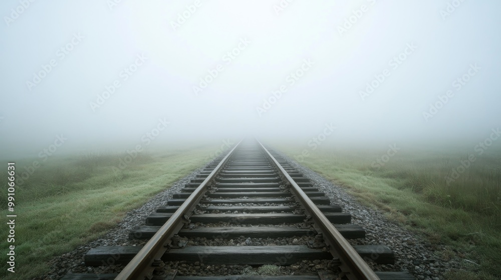 Poster an empty stretch of railroad tracks leading into a foggy landscape, creating a sense of mystery and 