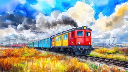 Fototapeta premium Freight train moving through industrial landscape, dramatic sky, Watercolor style