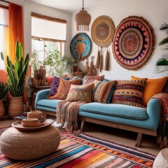 Eclectic bohemian living room with vibrant textiles and layered patterns