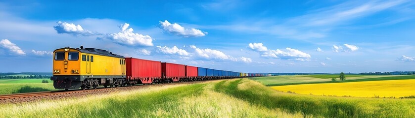 Fototapeta premium Freight train with industrial cargo, rural landscape, Watercolor style