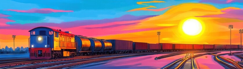 Fototapeta premium Industrial train yard, rows of cargo trains, setting sun, Watercolor style