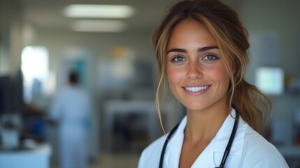 A smiling female doctor with a stethoscope poses inside a hospital office.