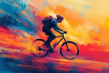 Fototapeta premium Bold Digital Art: Energetic Young Man Riding Bicycle in Vibrant Surroundings