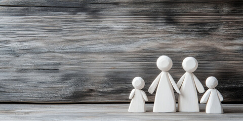 Minimalistic wooden family figurines on wooden background