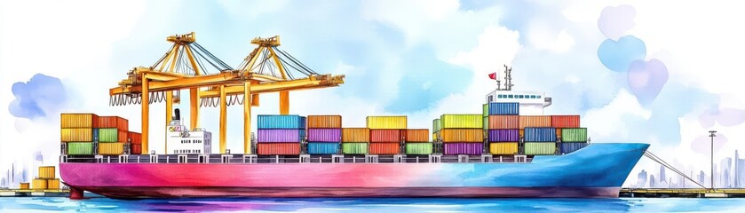 Cargo ship docked at port, cranes loading containers, Watercolor style