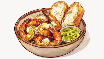 A bowl of succulent shrimp served with two pieces of bread and a bowl of green sauce, creating a delicious seafood dish.